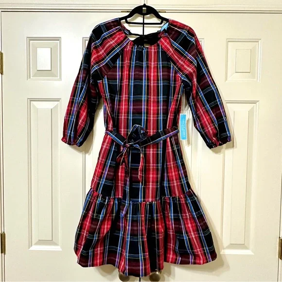 NWT Draper James 3/4 Sleeved Red Plaid Tiered Open Bow Back Dress Size Small - Picture 3 of 10